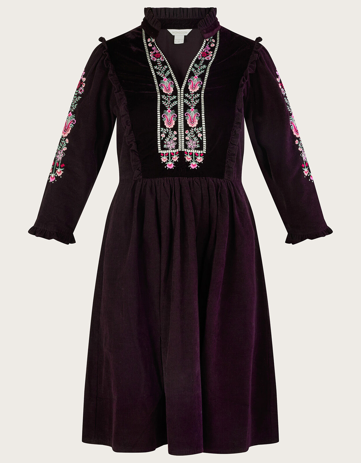 Cord Embroidered Short Tiered Dress Purple Day Dresses Monsoon