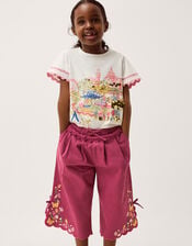 Floral Embroidered Scallop Trim Trousers, Pink (MAGENTA), large