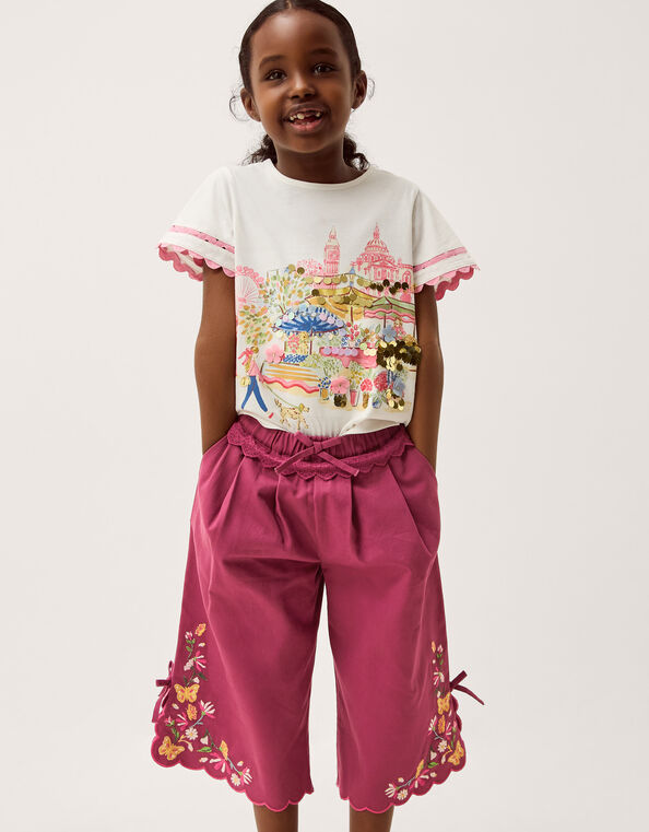 Floral Embroidered Scallop Trim Pants, Pink (MAGENTA), large