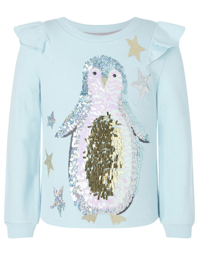 Sequin Penguin Christmas Top in Organic Cotton, Blue (BLUE), large