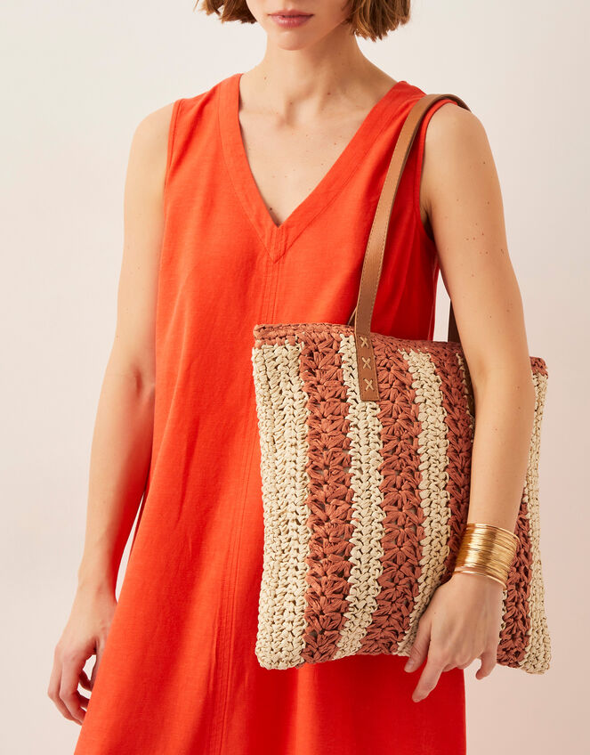 Lola Stripe Raffia Crochet Tote Bag, , large