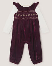Baby Top & Smocked Velvet Dungarees Set, Red (RED), large