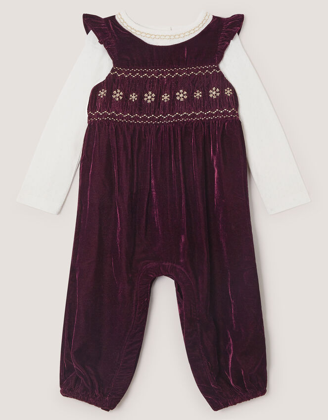 Baby Top & Smocked Velvet Dungarees Set, Red (RED), large