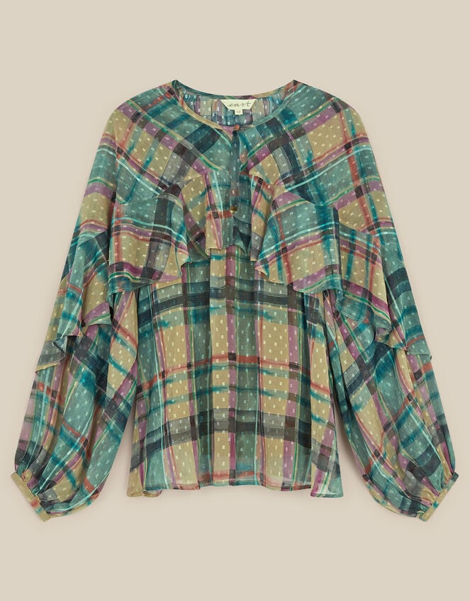 East Clarissa Hand-Painted Check Print Blouse, Teal (TEAL), large