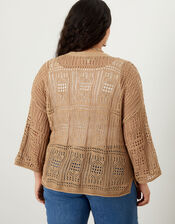 Pointelle Kimono Cardigan with Recycled Polyester, Camel (OATMEAL), large