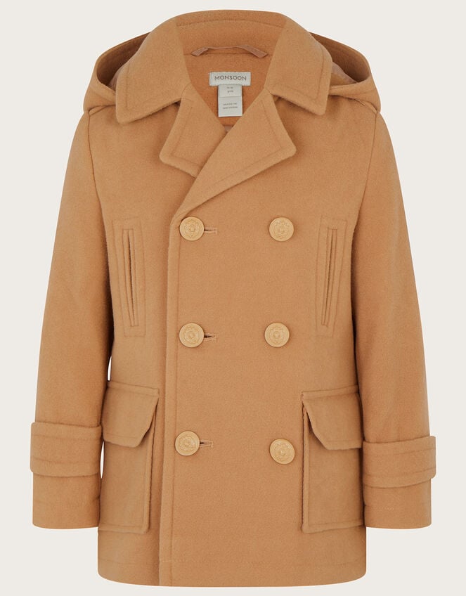 Double Breasted Peacoat with Hood, Camel (CAMEL), large