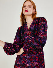 Paisley Print Lace Trim Midi Dress, Black (BLACK), large