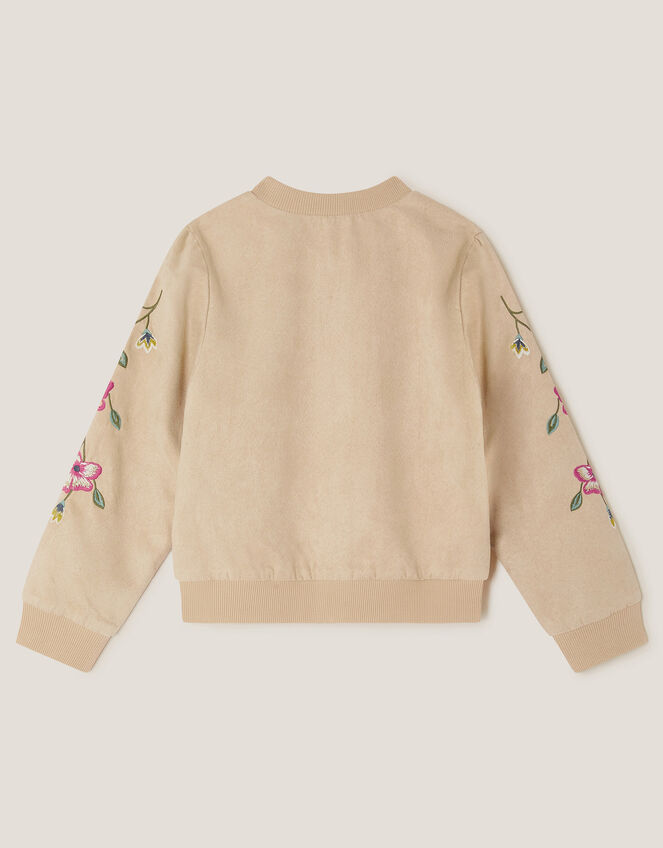 Embroidered Suedette Bomber Jacket, Camel (BEIGE), large