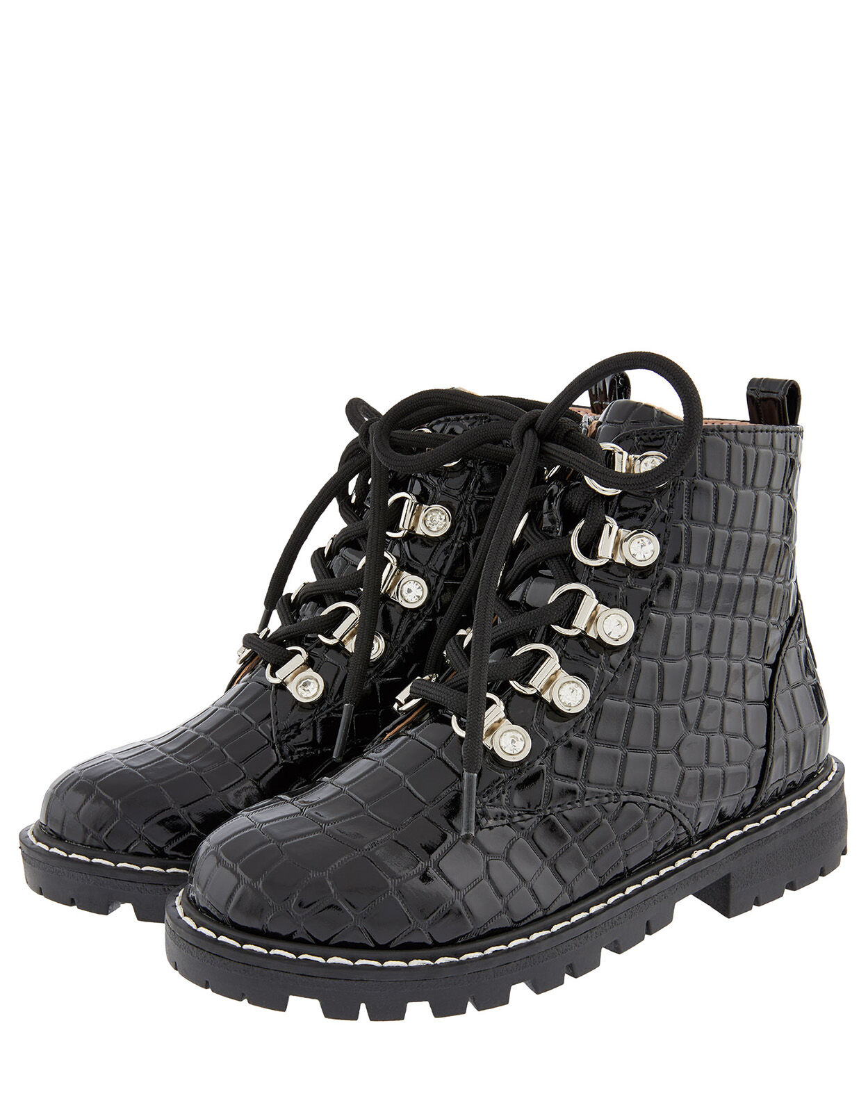 black patent croc lace up boots