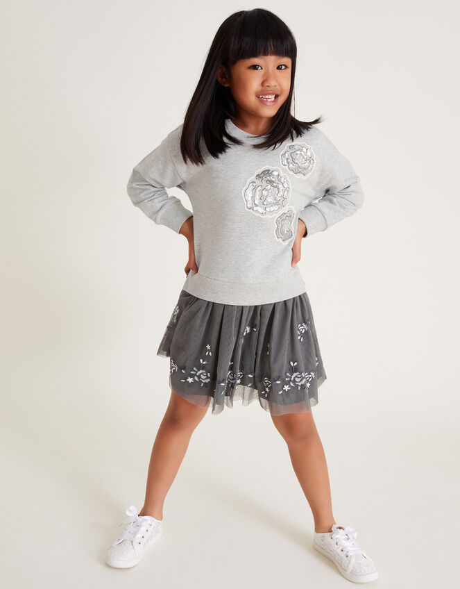 Rose Embellished 2-in-1 Sweatshirt Dress, Grey (GREY), large