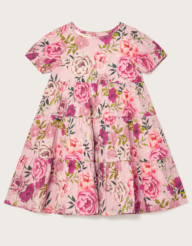 Rose Print Short Sleeve Tiered Dress, Pink (PINK), large