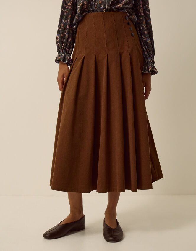 Sonja Pleated Corduroy Midi Skirt, Tan (TAN), large