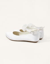 Satin Flower Ankle Ballerina Flats, White (WHITE), large