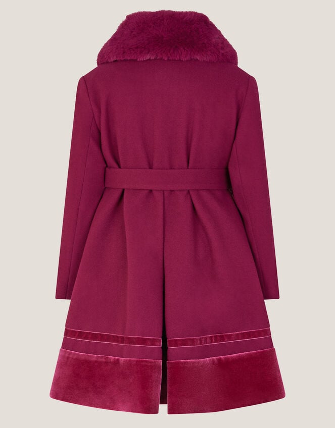 Velvet Trim Faux Fur Dress Coat, Red (BURGUNDY), large