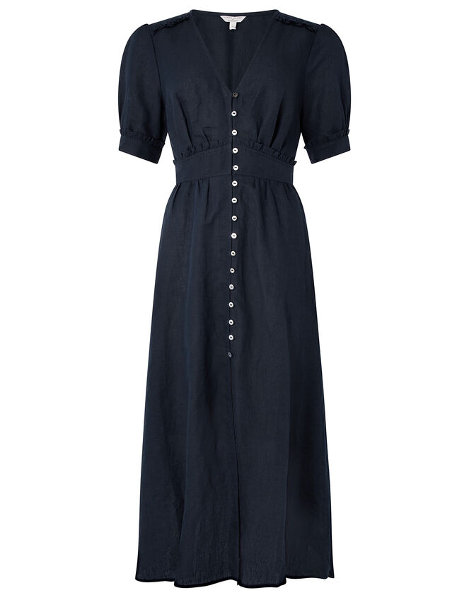 Midi Tea Dress in Linen Blend, Blue (NAVY), large