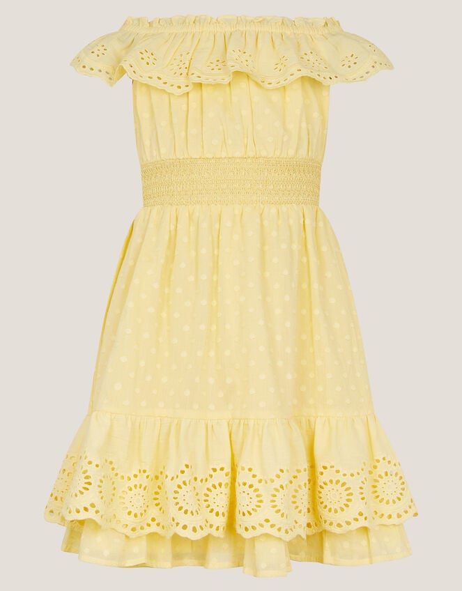 Broderie Bardot Dress, Yellow (YELLOW), large