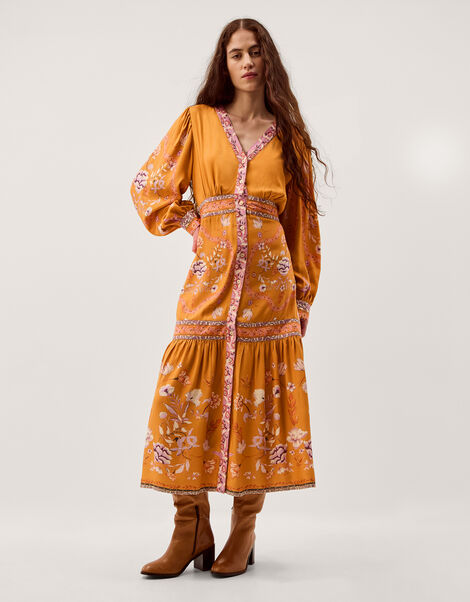 Samara Floral Print Midi Dress, Yellow (OCHRE), large