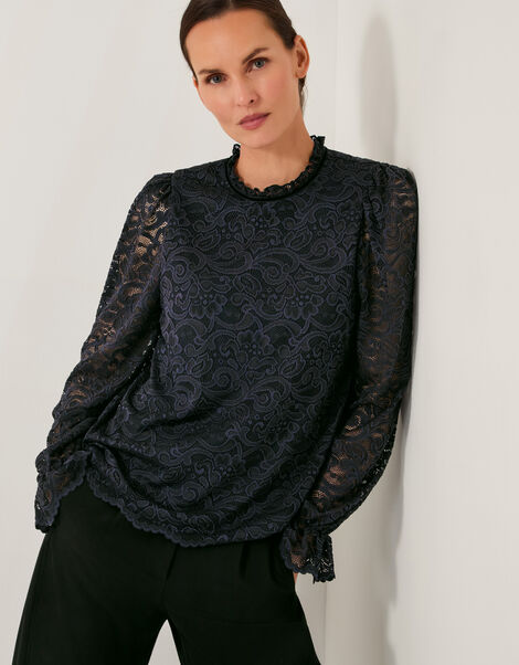 Larna Lace Long Sleeve Blouse, Blue (NAVY), large