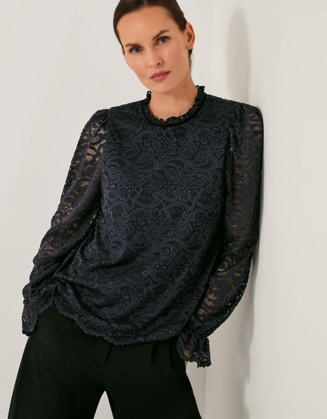 Larna Lace Long Sleeve Blouse, Blue (NAVY), large