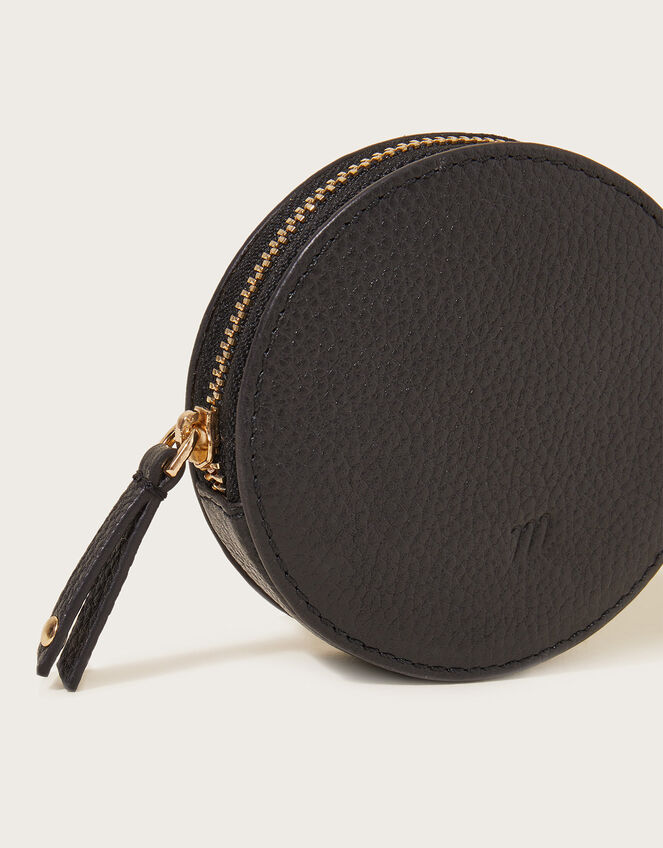 Leather Round Coin Purse, Black (BLACK), large