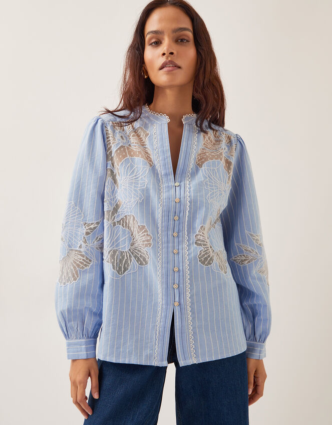 Emelie Lace Stripe Shirt, Blue (BLUE), large