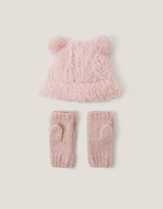 Fluffy Teddy Hat & Mitten Set, Pink (PINK), large