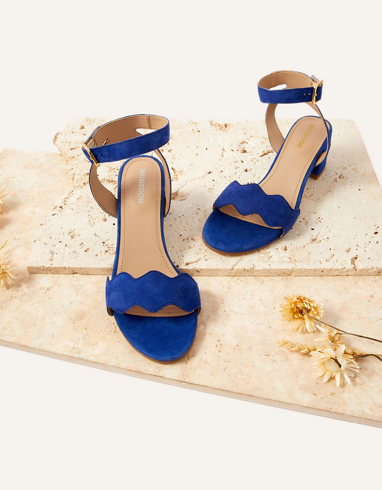 Scallop Suede Block Heels Blue