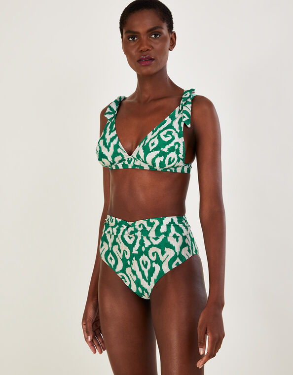 Ikat Print High Waist Bikini Bottoms with Recycled Polyester, Green (GREEN), large