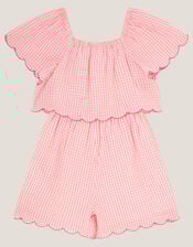 Floral Embroidered Gingham Playsuit, Pink (PINK), large