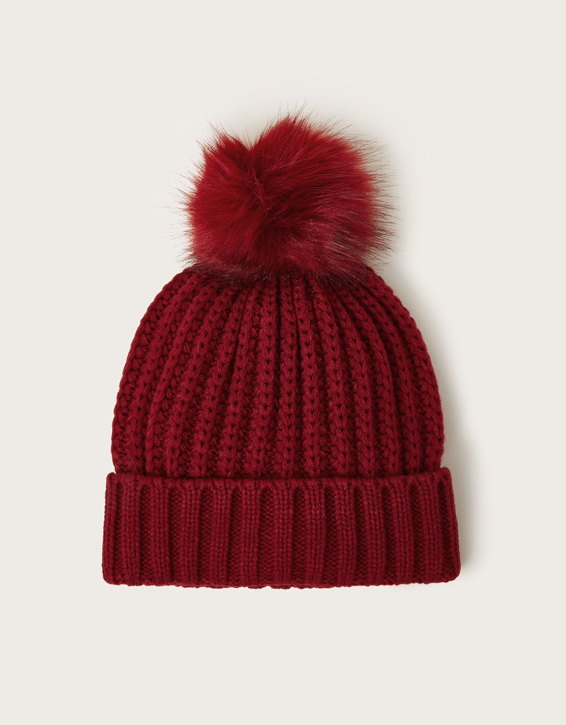 Lilia Ribbed Faux Fur Bobble Hat Red