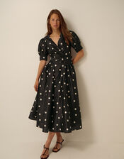 Amara Polka Dot Belted Midi Dress, Black (BLACK), large