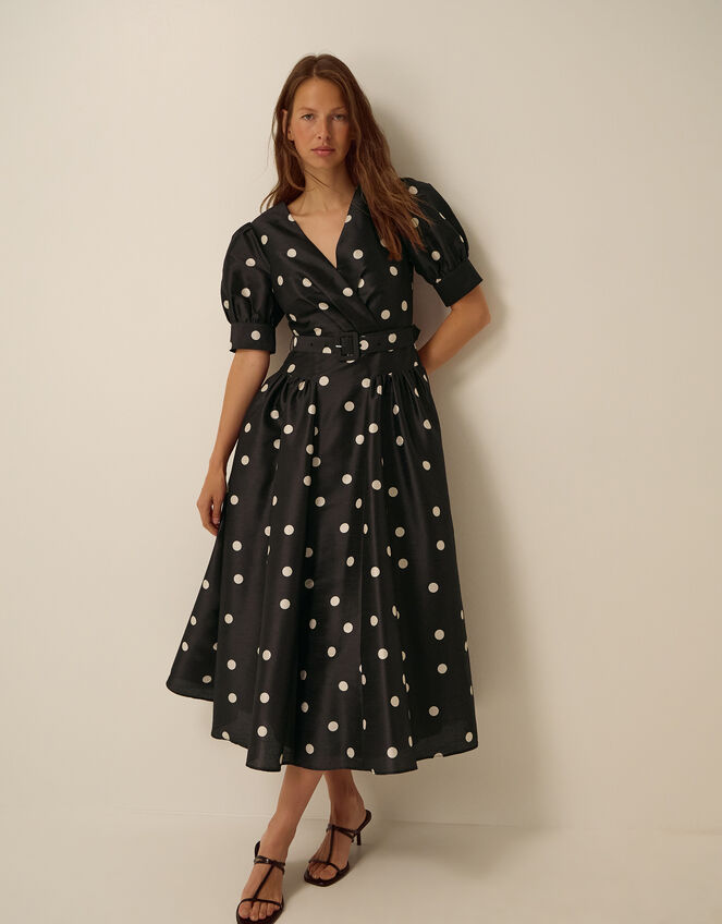 Amara Polka Dot Belted Midi Dress, Black (BLACK), large