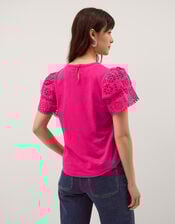 Bev Broderie Sleeve Jersey T-Shirt, Pink (PINK), large