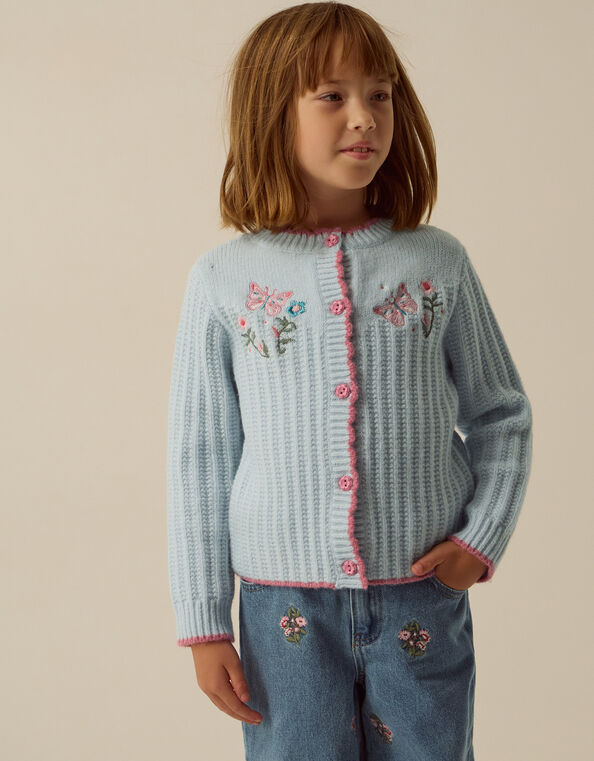 Butterfly Embroidered Knit Cardigan, Blue (BLUE), large