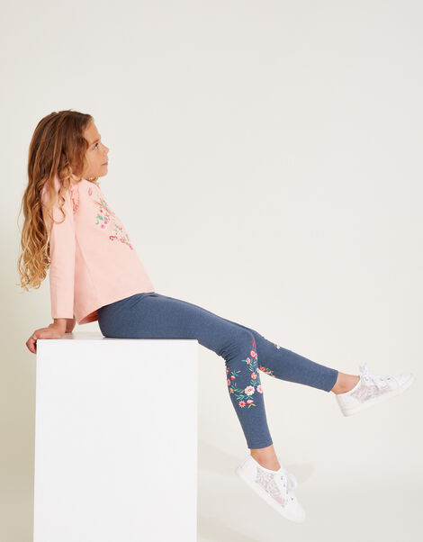 Floral Unicorn Embroidered Leggings, Blue (NAVY), large