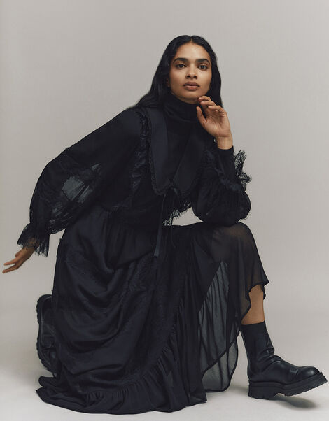 Lace Trim Collared Maxi Dress Black, Black (BLACK), large
