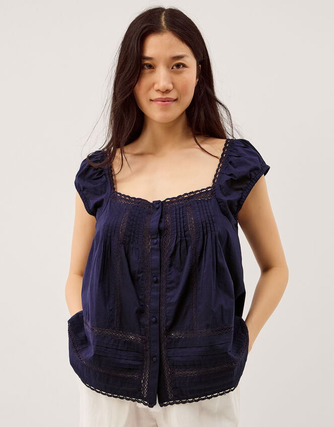Olivia Lace Trim Top, Blue (NAVY), large