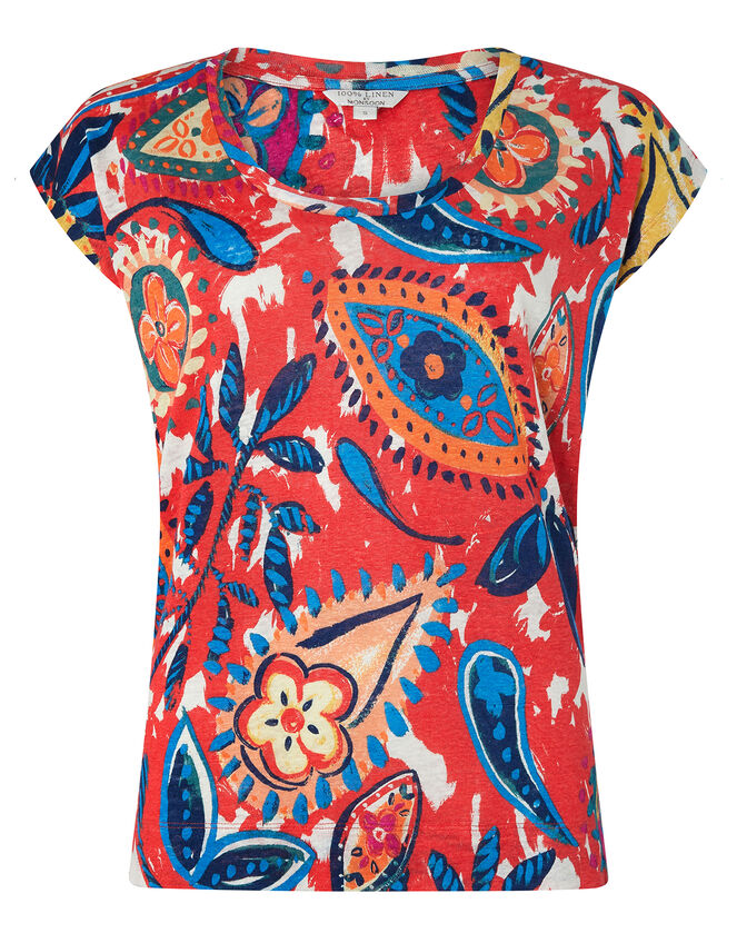 Nelly Linen Print T-Shirt , Red (RED), large