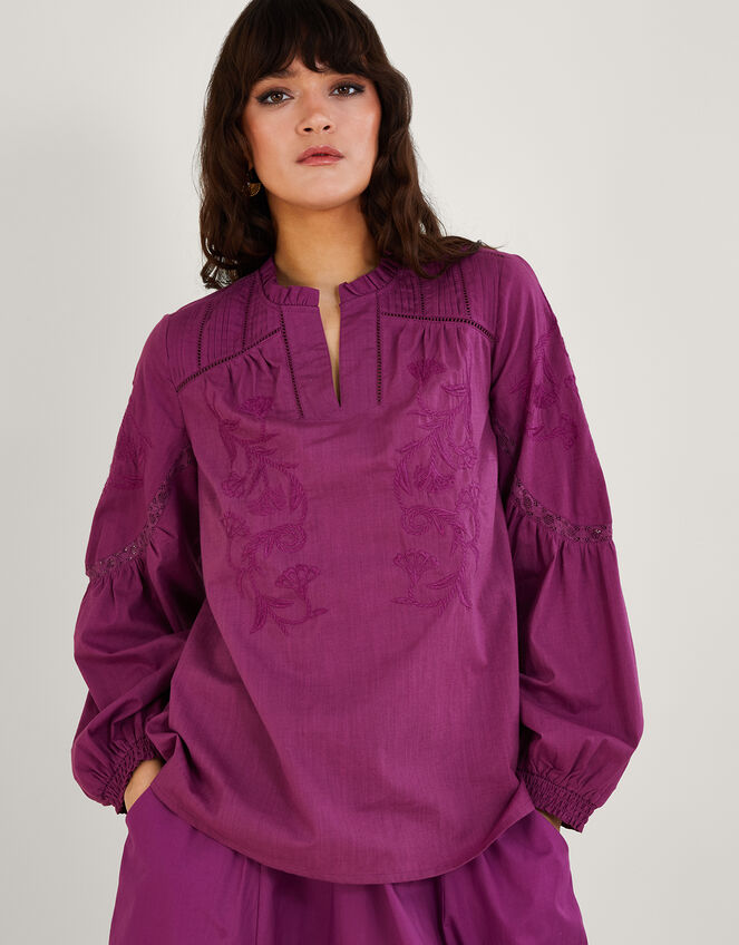 Tonal Embroidered Overhead Top in Sustainable Cotton, Purple (LILAC), large