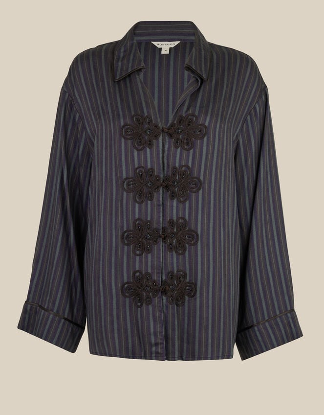 Ellie V-Neck Frogging Stripe Shirt , Blue (NAVY), large