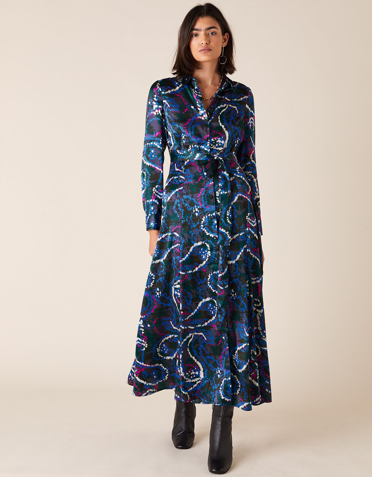 Paisley Print Satin Shirt Dress Blue Work Dresses Monsoon ROI