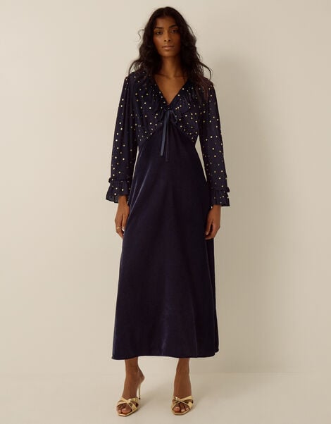 Stevie V-Neck Foil Polka Dot Velvet Midi Dress, Blue (MIDNIGHT), large