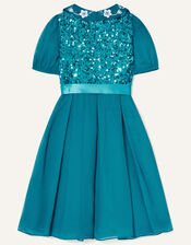 Gigi Embroidered Collar Sequin Dress, Teal (TEAL), large