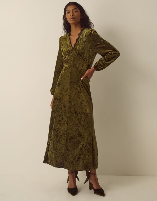 Jessi V-Neck Velvet Midi Dress, Green (KHAKI), large