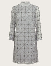 Adele Hand-Beaded Long Sleeve Mini Dress, Grey (GREY), large