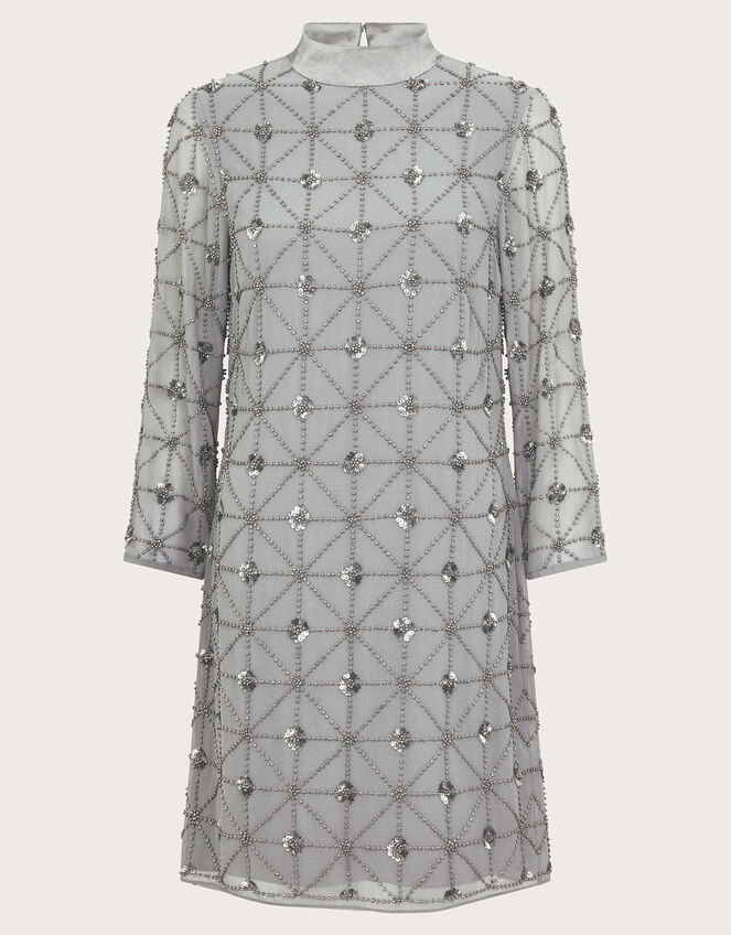 Adele Hand-Beaded Long Sleeve Mini Dress, Grey (GREY), large