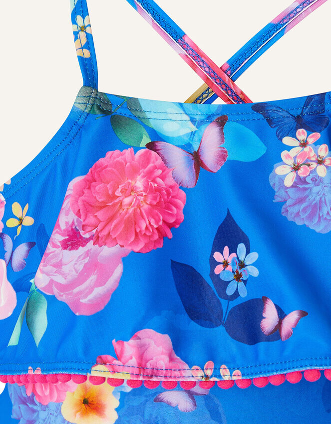 Floral Print Frill Swimsuit, Blue (BLUE), large