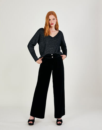 Velvet Wide Leg Trousers, Black (BLACK), large