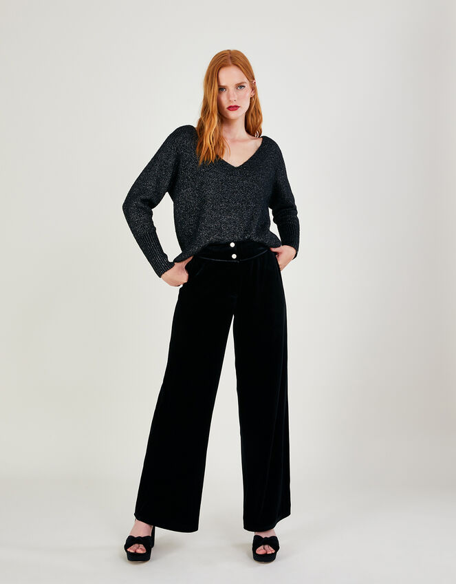 Velvet Wide Leg Trousers, Black (BLACK), large