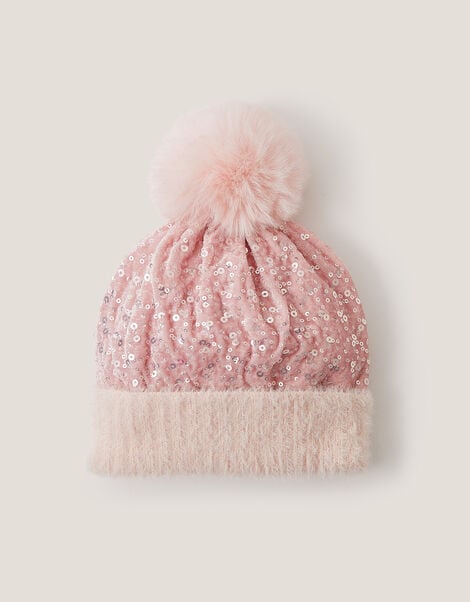 Sequin Pom-Pom Beanie Hat, Pink (PINK), large